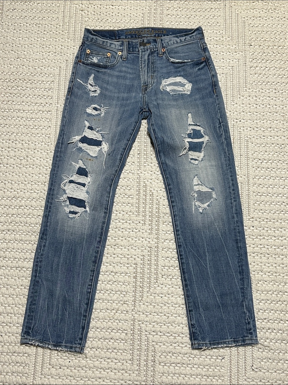 American Eagle Outfitters Men's Ripped Blue Slim-Straight Jeans